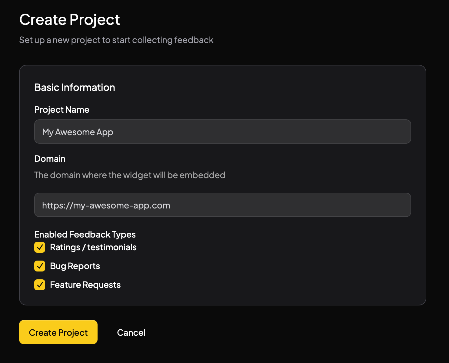 Create a new project in Feedbi